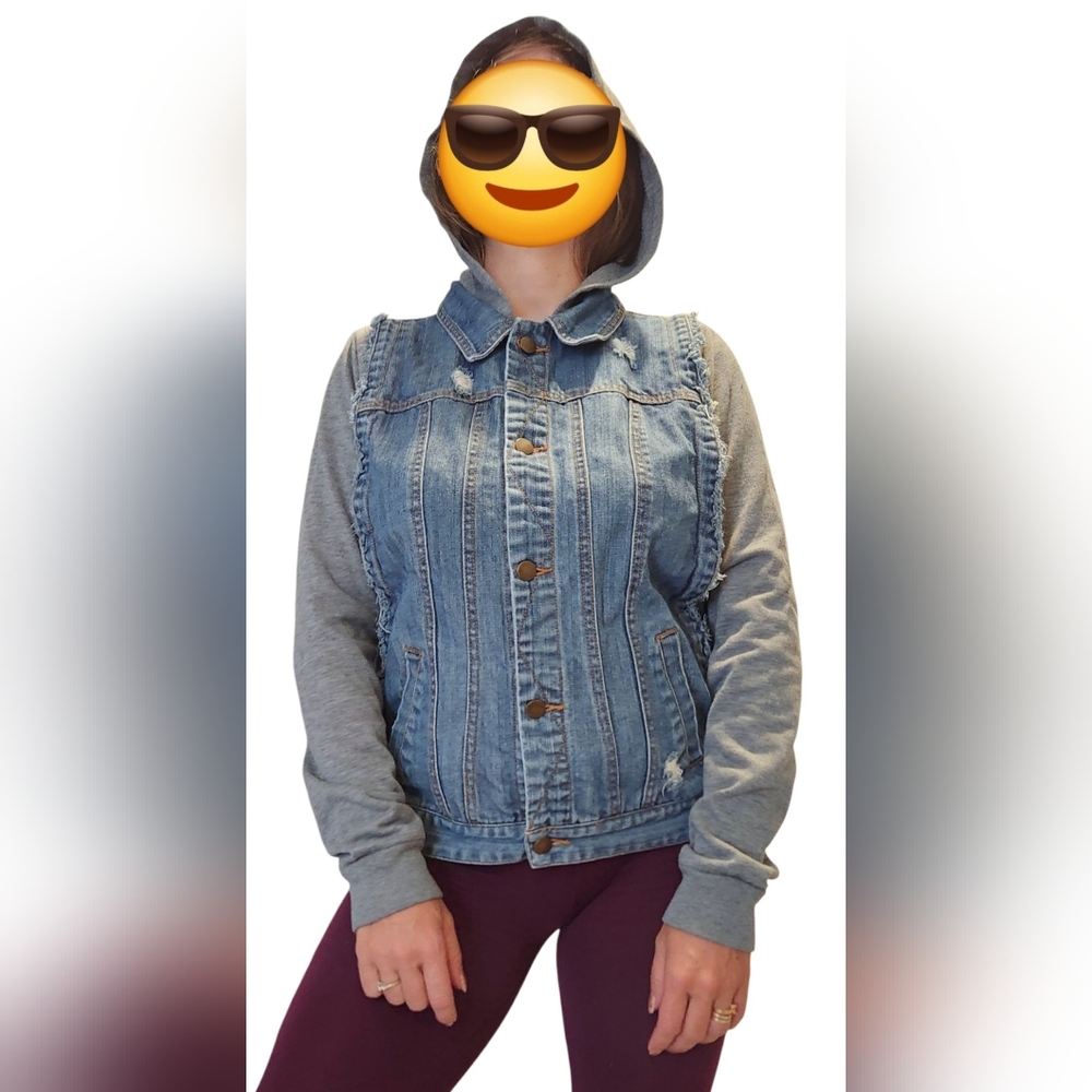 O'Neill Jean Jacket Hybrid Hoodie Sweatshirt‎ Womens M Distressed Button Front
